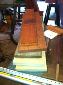 This is (top to bottom) padauk, bloodwood, walnut, and sycamore